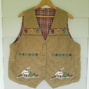 Vintage Christmas Vest Button Front Corduroy Quilted Plaid Back Holiday Vest